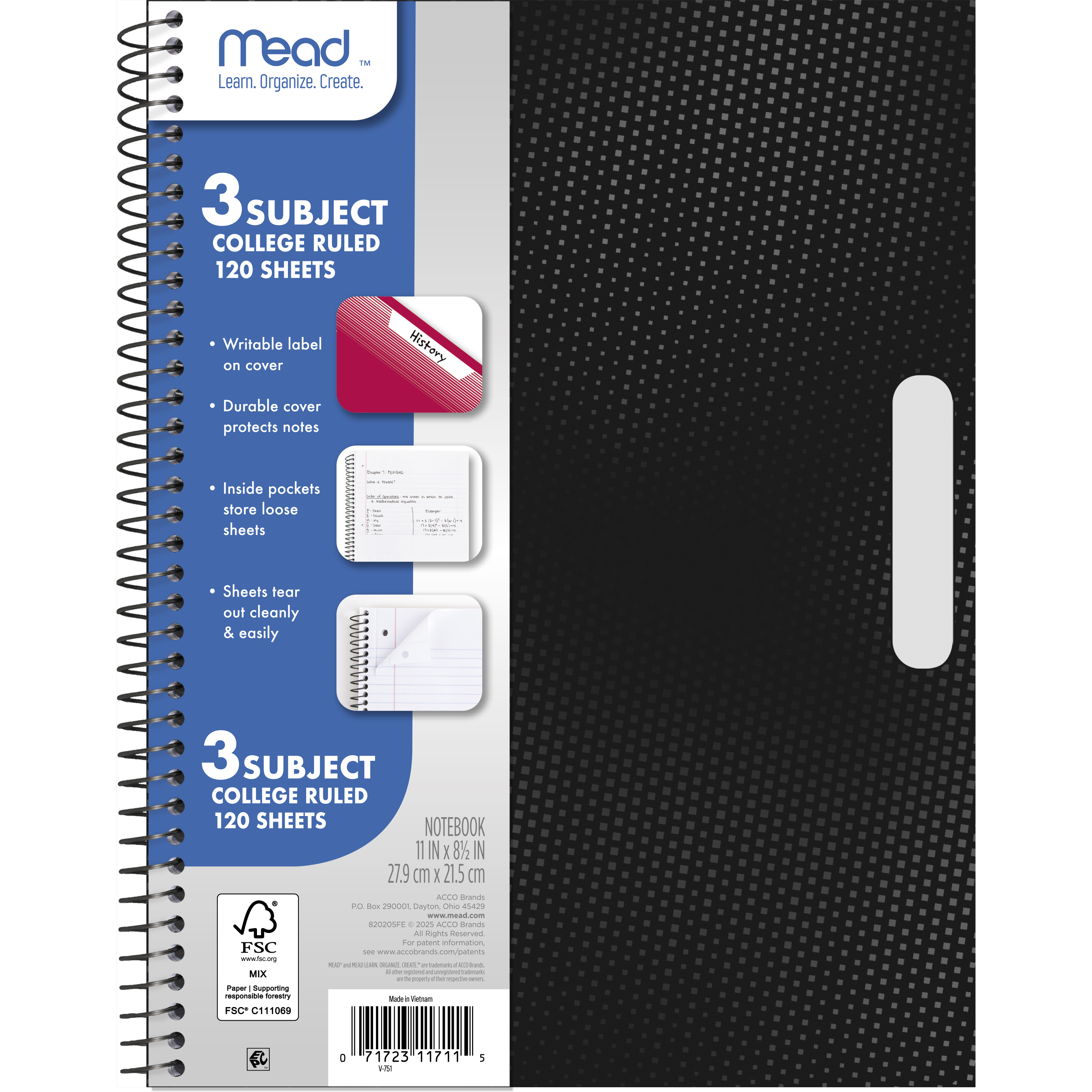 Cuaderno universitario Mead de 3 materias, 8.5" x 11", negro, polipropileno, espiral, 120 hojas 2