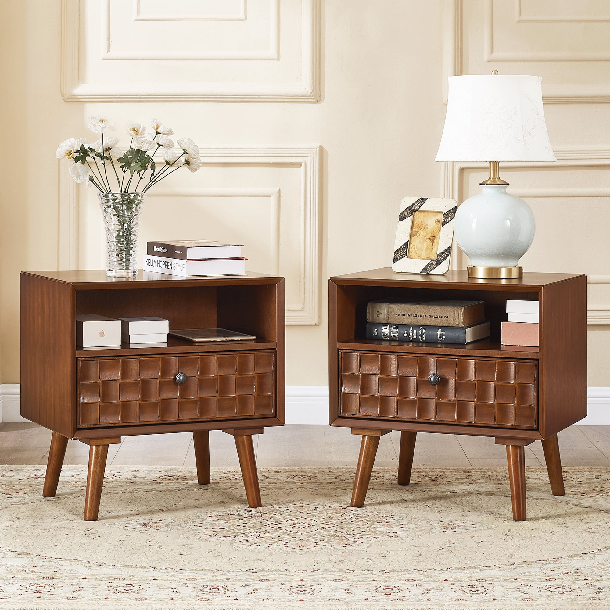 22" Wood Nightstand with Carved Geometric Drawer Front, 1 Drawer and Open Shelf, Solid Wood Legs, Bedside Table for Bedroom