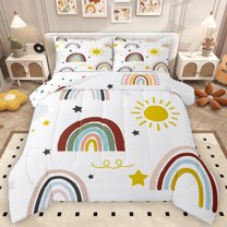 Homewish Cartoon Rainbow Sun Queen Comforter Set,Cute Stars Print Bedding Sets,White Red Yellow Bedding Comforter Set For Teens,Breathable Home Decor Reversible,3pcs