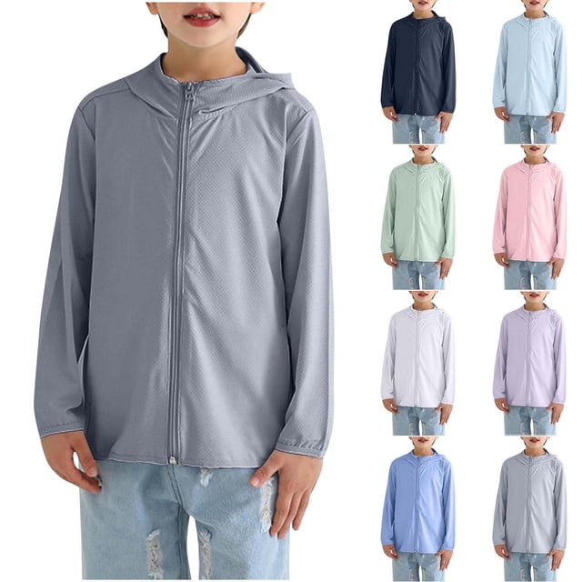 Sentmoon Chemises de Soleil pour Filles Protection UPF Manches Longues Coton Hauts de Gym Couleur Unie à Capuche Fermeture Éclair Chemises de Randonnée Garçons et Filles Légères Été 2025 pour BBQ Gris 3 Ans