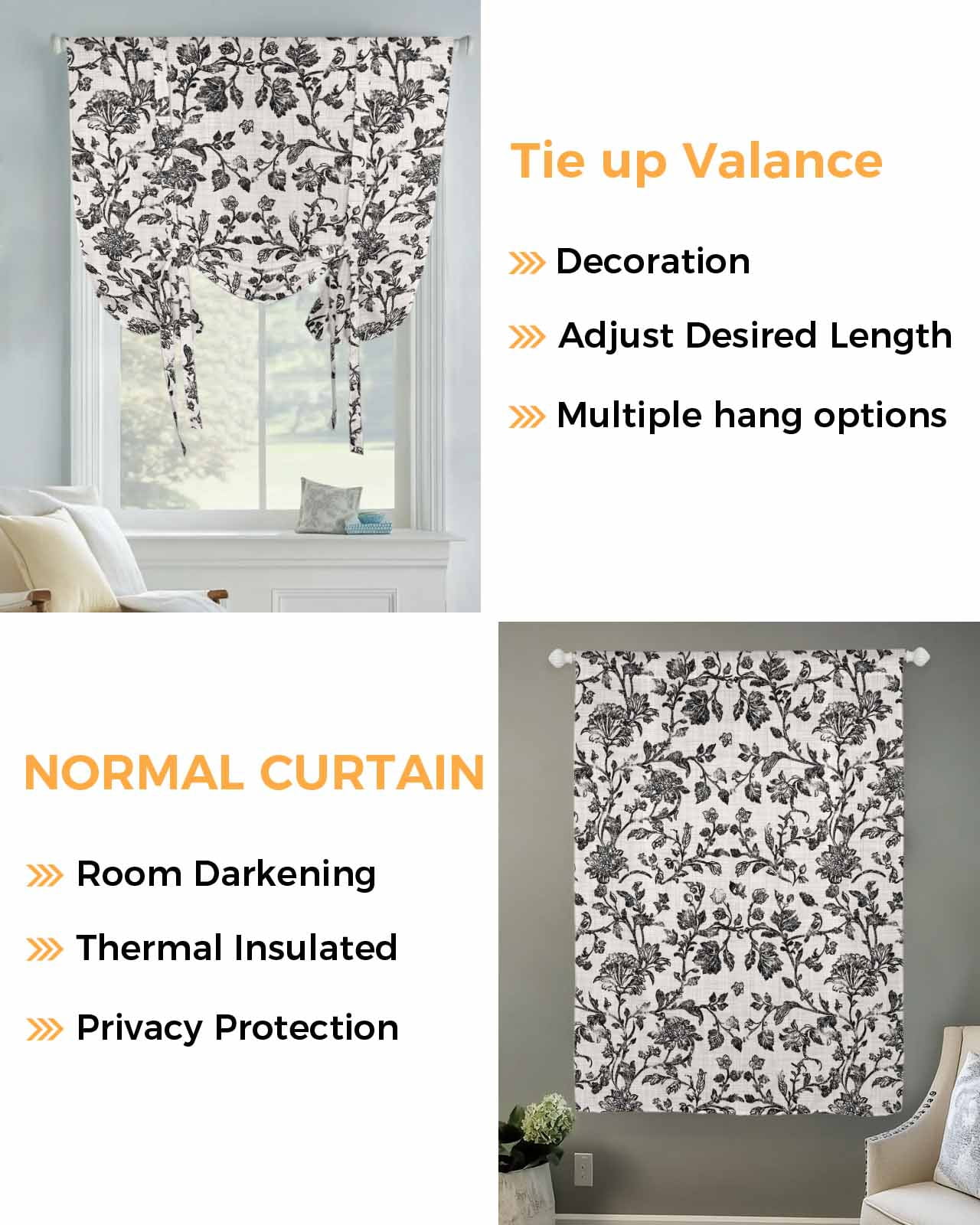 Farmhouse Black Tie Up Curtains for Window, Thermal Insulted Balloon Shade Adjustable Rod Pocket Curtains Valance Panels for Kitchen Bathroom Cafe 42 x 45 Vintage Flower Leaf Botanical Plant