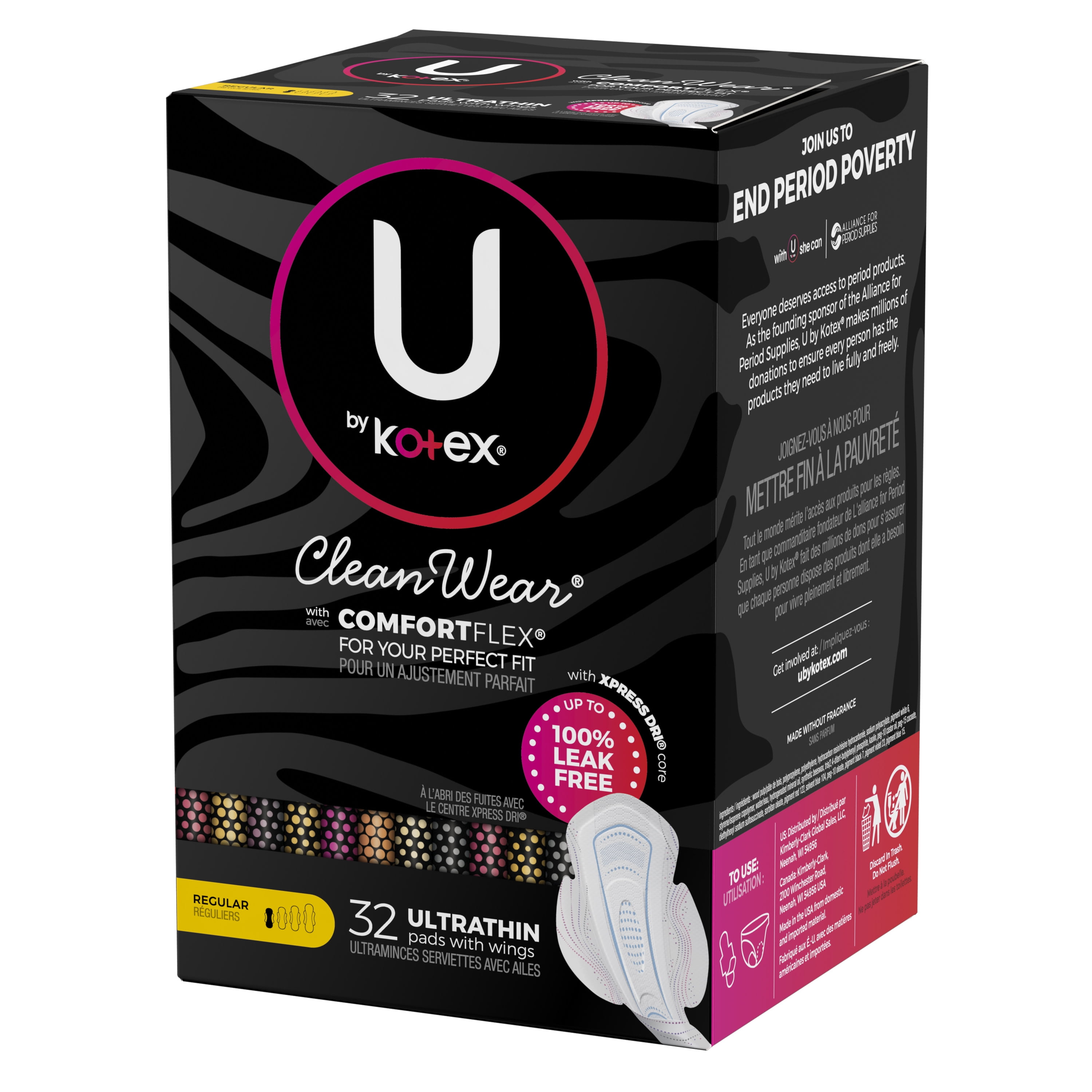 U by Kotex CleanWear Ultra Thin Feminine Pads with Wings, Regular, 138  Count (3 Packs of 46) 