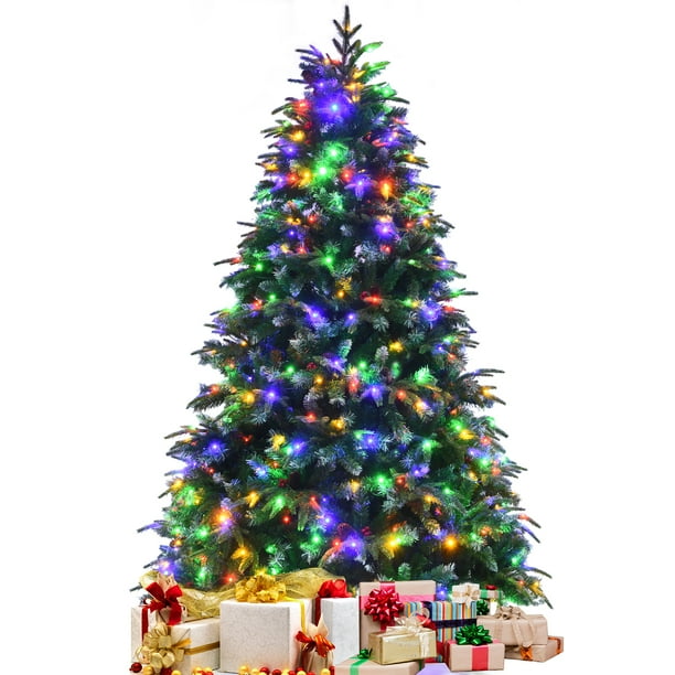 Árbol navideño Costway nevado preiluminado 210 cm 11 modos de flash 450 luces multicolores