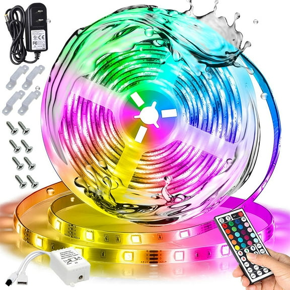 16.4ft/5M Waterproof RGB Muliticolor Changing Flexible LED Rope Lights TV Backlight Tape Strip Light Kit with 44Key IR Remote Control, 8-Brightness Level, Memory Function, 12V Power Supply