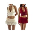 thumbnail image 3 of Suagox Women 2 Piece Summer Outfits Deep V-Neck Crop Halter Tops and Elastic Ruffled Mini Skirt Set for Streetwear, 3 of 10