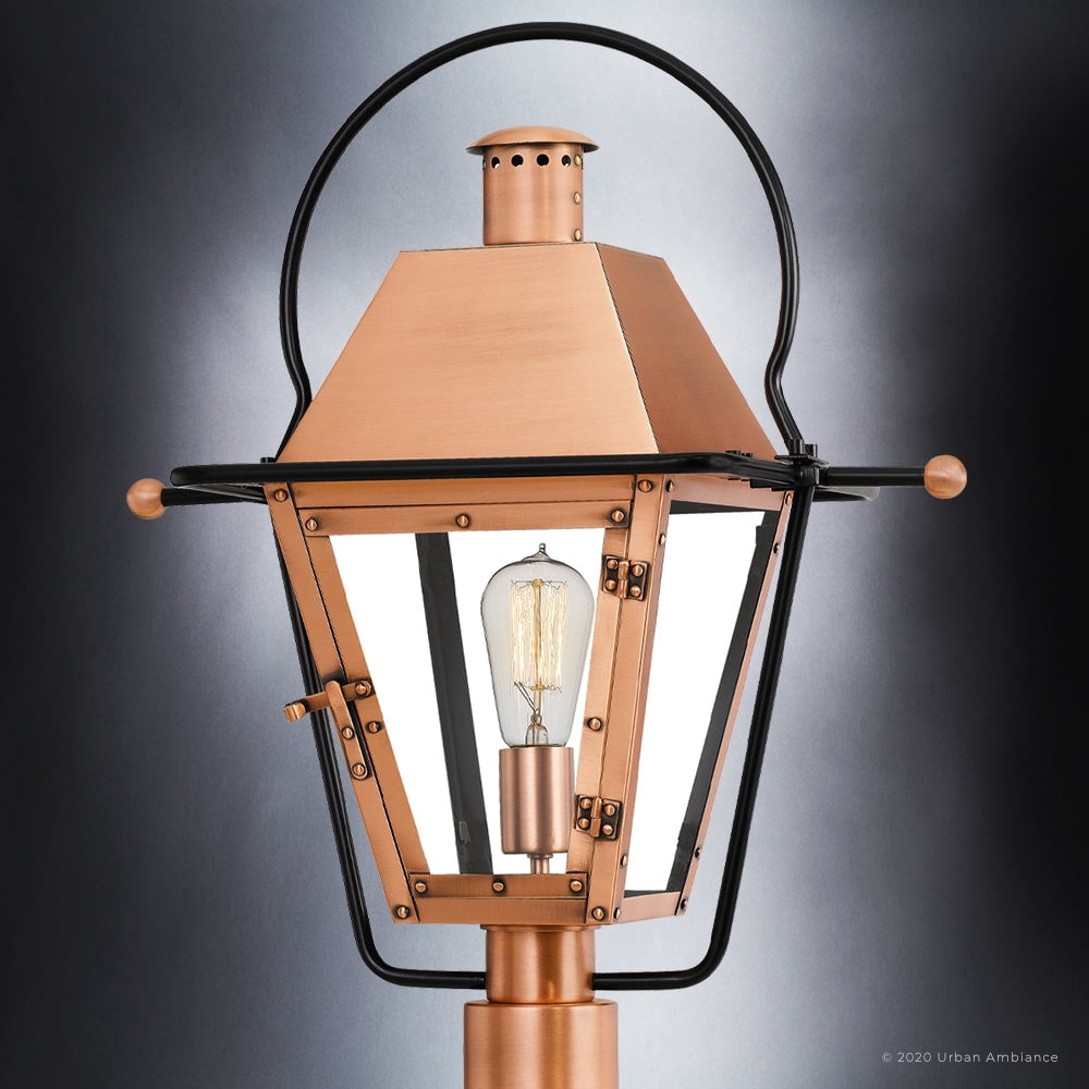 Luxury Historic Outdoor Post Light, 22.75''H x 17.75''W, with Tudor Style Elements, French Country Design, Rustic Copper Finish and Clear Tempered Glass Panels, UQL1380