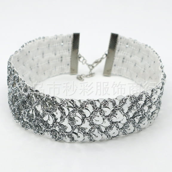 MRLESS Wide Short Collar Choker Necklace with Shiny Thick Rhinestones and Metal Sequins, Party Costume Jewelry for Women