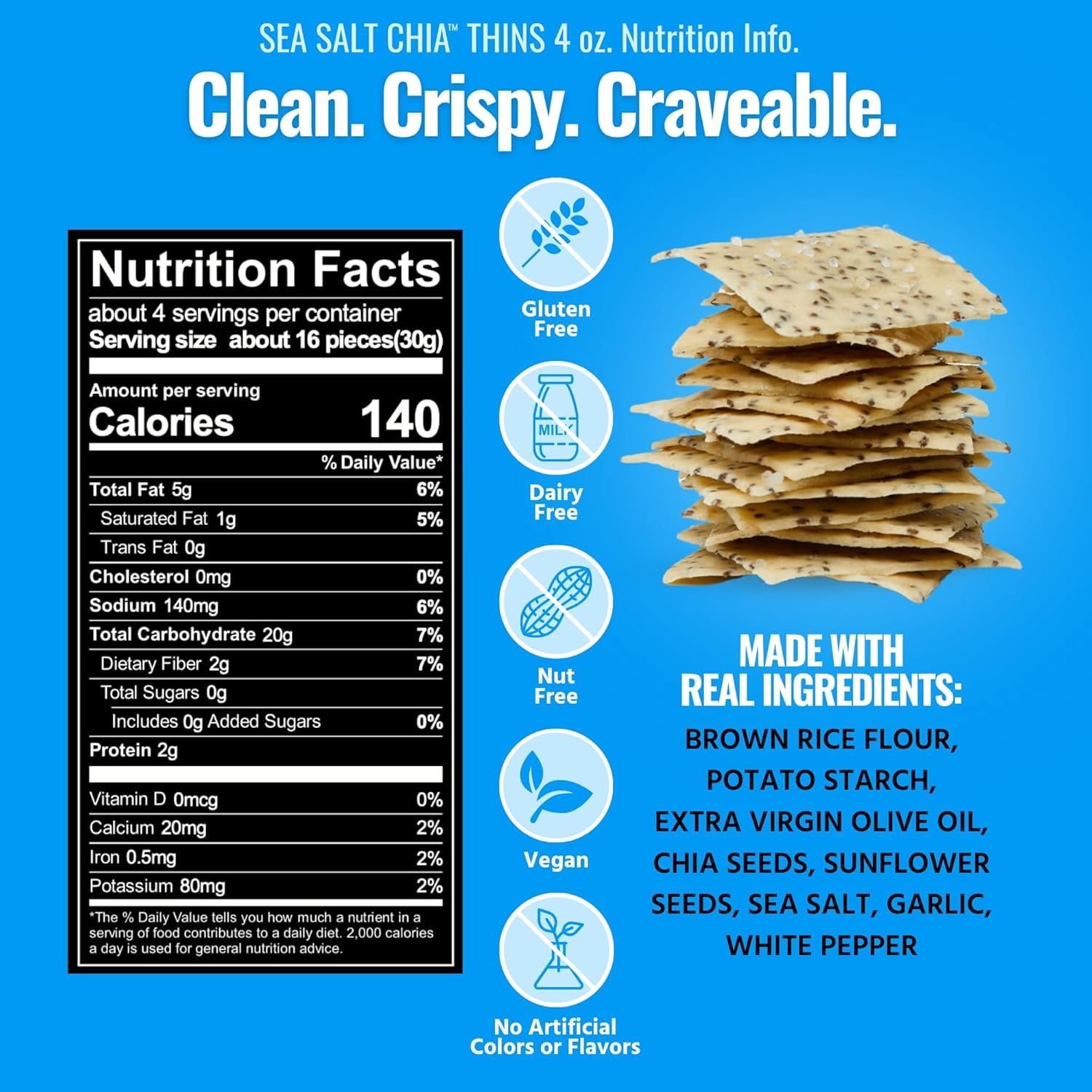 Every Body Eat Snack Thins, Sea Salt and Chia Seeds Flavor, Vegan, Gluten Free and Dairy Free (Pack of 6)
