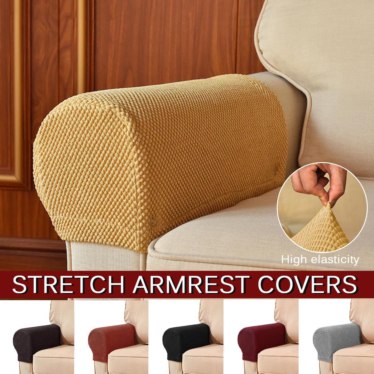 Elastic Stretch Fabric Furniture Armrest Cover Protector Beige 1 Pair 