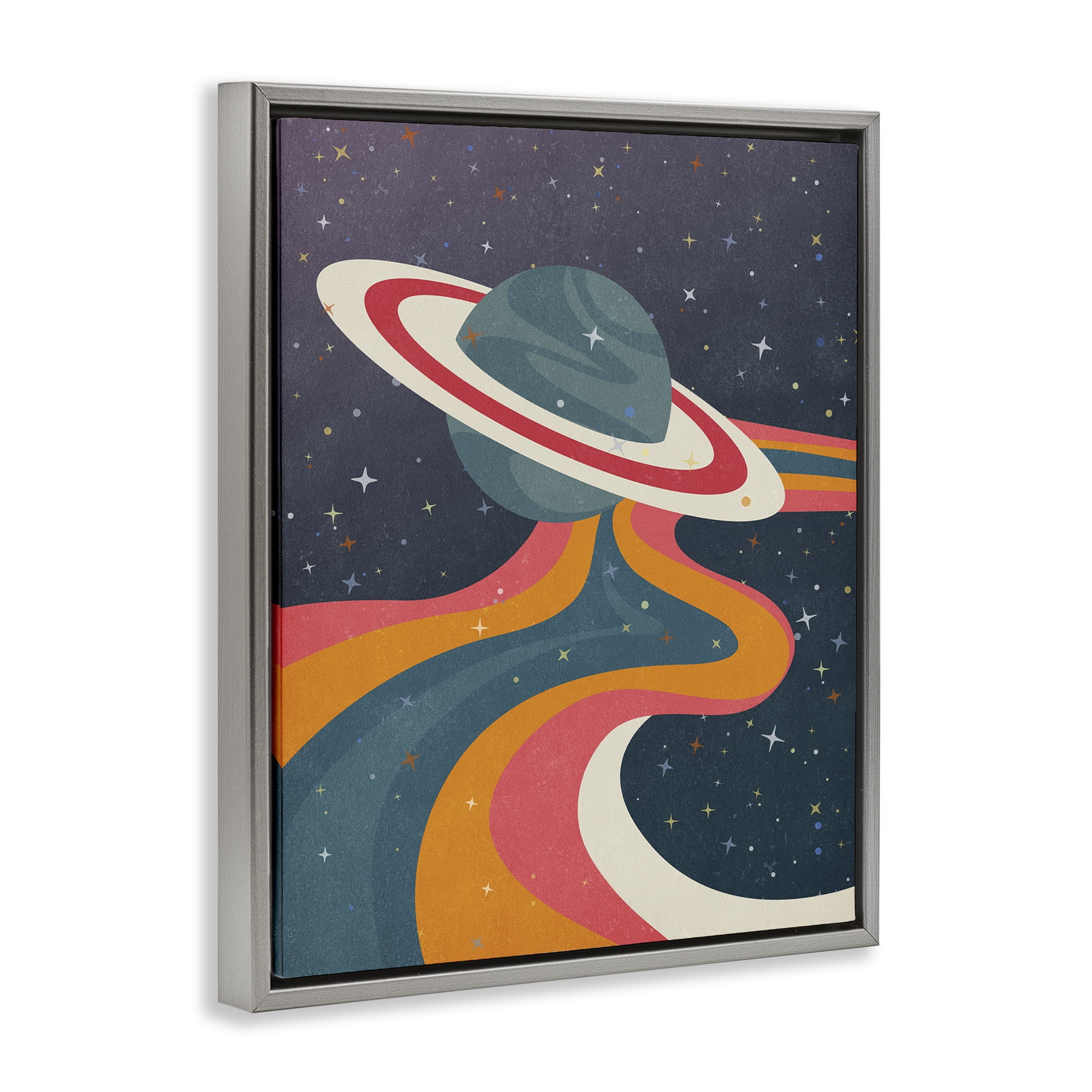 Stupell Industries Retro Space Planet Astrology & Stars Painting Gray Floater Framed Canvas Art Print Wall Art, 17 x 21