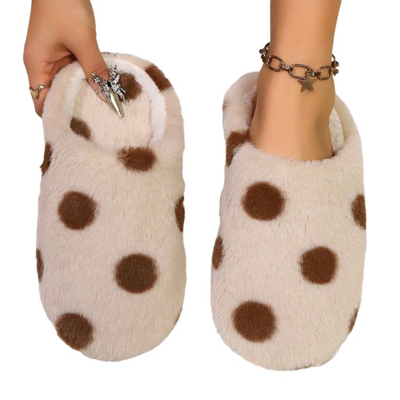 Domuza Women's Polka Dot Fluffy Closed Toe Slide Slippers Soft Fuzzy Indoor House Slippers Warm Cozy Loungewear Slides for Fall Winter Khaki 5.5（EU-36）
