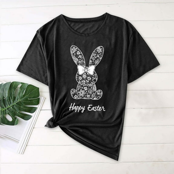 QUNYINEY Short Sleeve Tee Shirts Womens Casual Pullover Crew Neck Easter Tops Loose Women's Tops