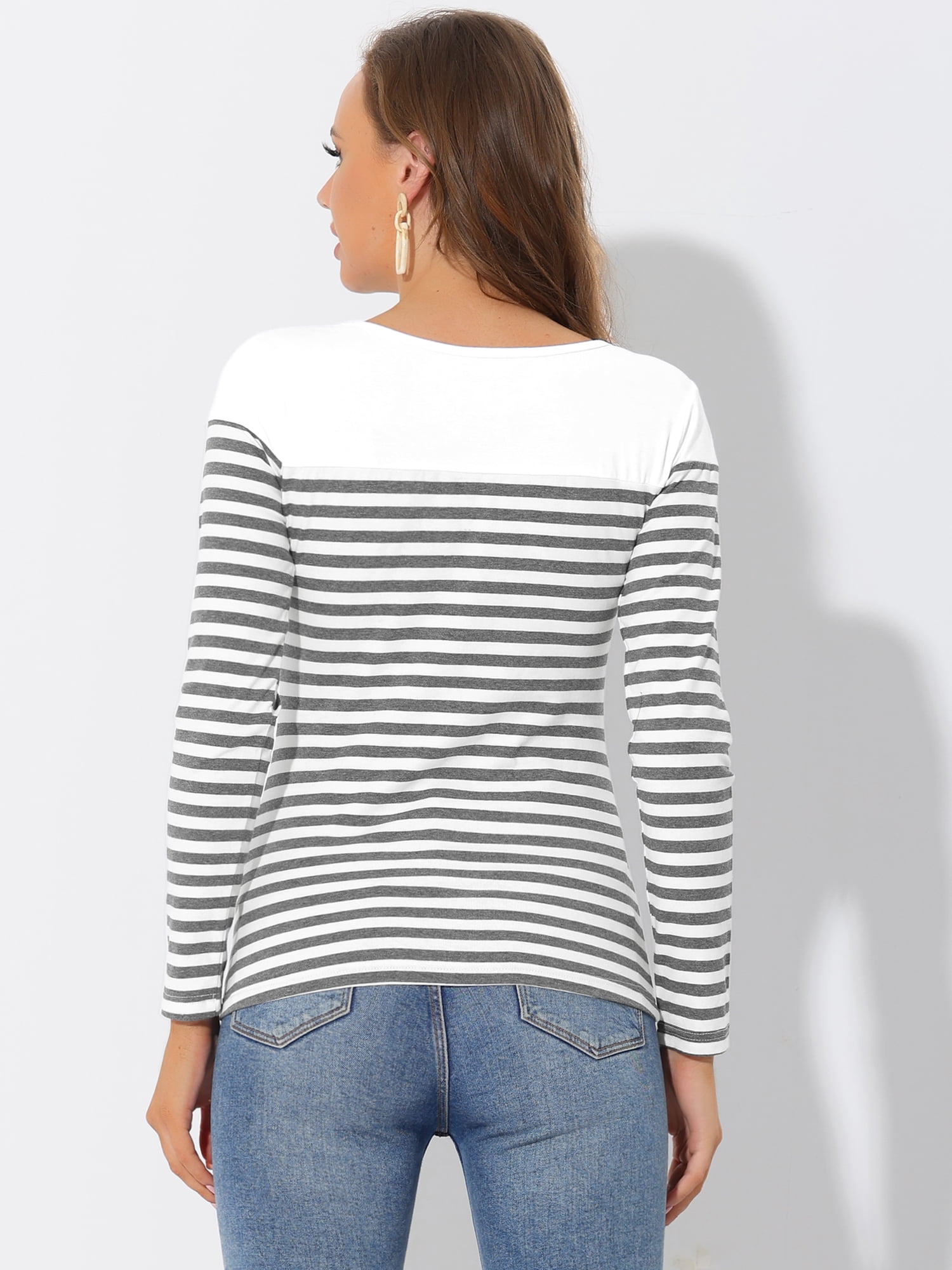 DARING DIVA Women's Color Block Striped Knit Top Long Sleeves T-Shirt M White Gray