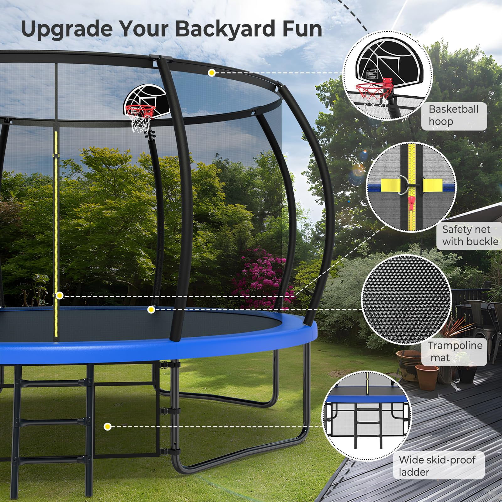 JOYFULIN Trampoline, 12FT Trampoline for 1-2 Adults or 4-5 Kids, 1200LBS Trampoline with Enclosure, Basketball Hoop, Shoes Bags, Galvanized Full Spray Outdoor Recreational Round Trampolines