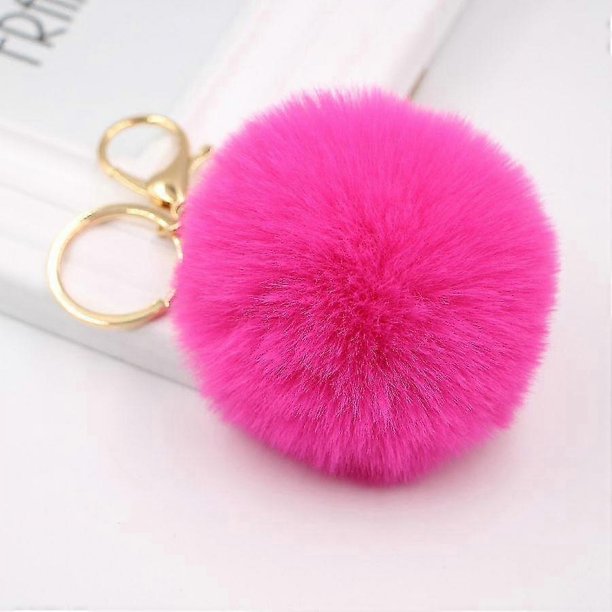 2 llaveros de piel sintética de 8 cm con pompón para bolso, llavero para coche, cadena de color dorado con pompones, cadena con abalorios de piel de conejo y zorro sintética, color rosa