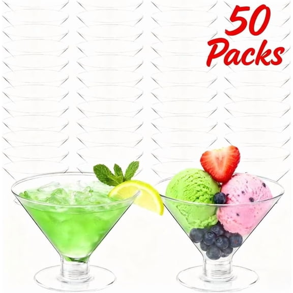 50 Pcs Disposable Plastic Martini Glasses for Parties 5oz, Unbreakable Clear Cocktail Dessert Parfait Glasses, Mini Martini Cups for Wedding Party Bowl Wine Ice Cream