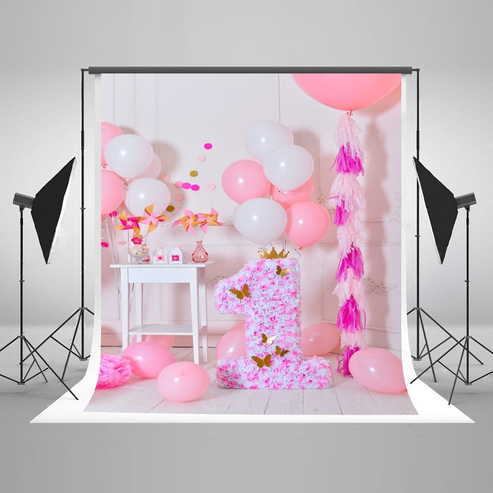 HelloDecor Polyester Fabric 5x7ft 1st Birthday Pink Photography