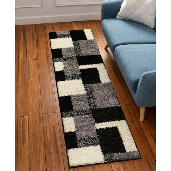 Well Woven Madison Shag Cubes Modern Geometric Black Thick Shag Plush 2'7" x 9'10" Runner Rug