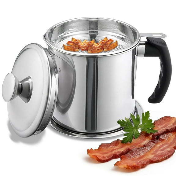 Aovky Bacon Grease Container with Fine Mesh Strainer, 1.8L(60 oz) Bacon Grease Saver for Kitchen, Stainless Steel Cooking Oil Container with Lid for Frying Oil and Cooking Grease