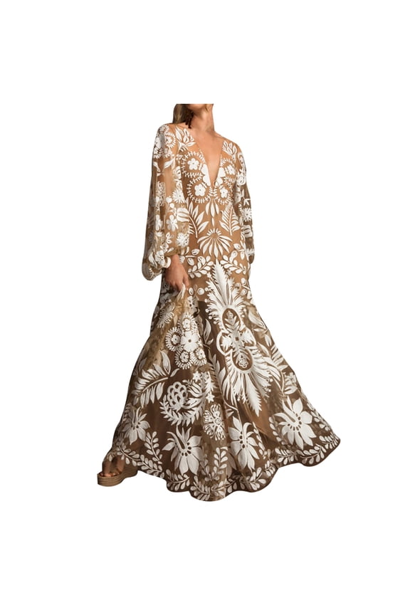 Women's Deep V-Neck Long Sleeve Wedding Guest Dress A-Line Tulle Floral Embroidered Backless Flowy Long Evening Formal Dress Party Maxi Cocktail Dress Prom Gown