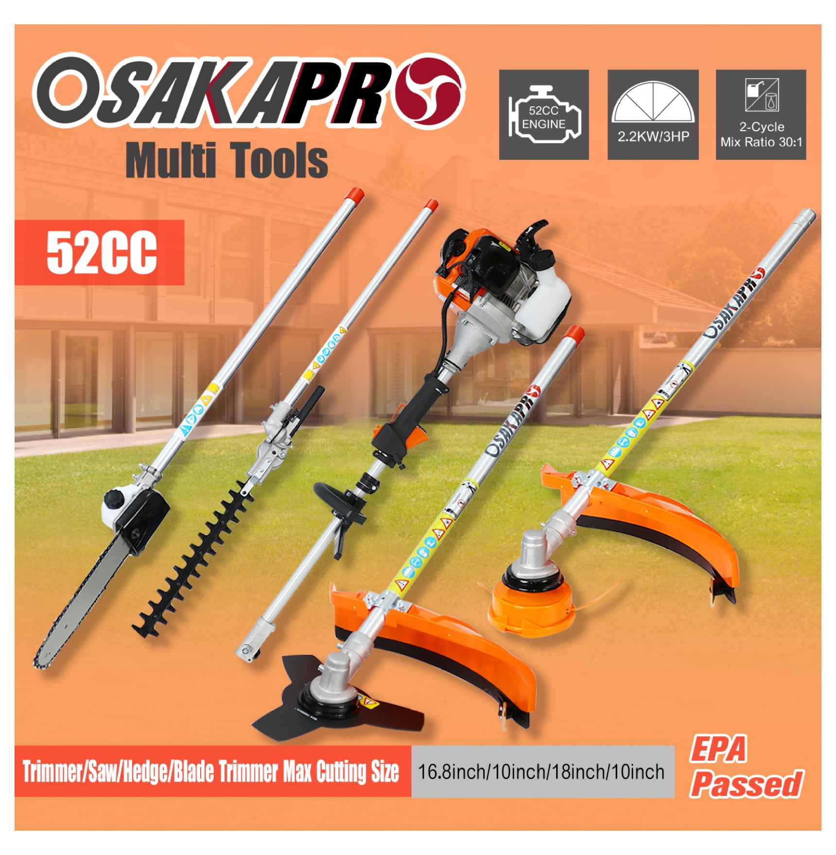 4 in 1 Gas Trimmer System, 52CC 2-Cycle Pole Saw, Hedge Trimmer, Brush Cutter - EPA Compliant