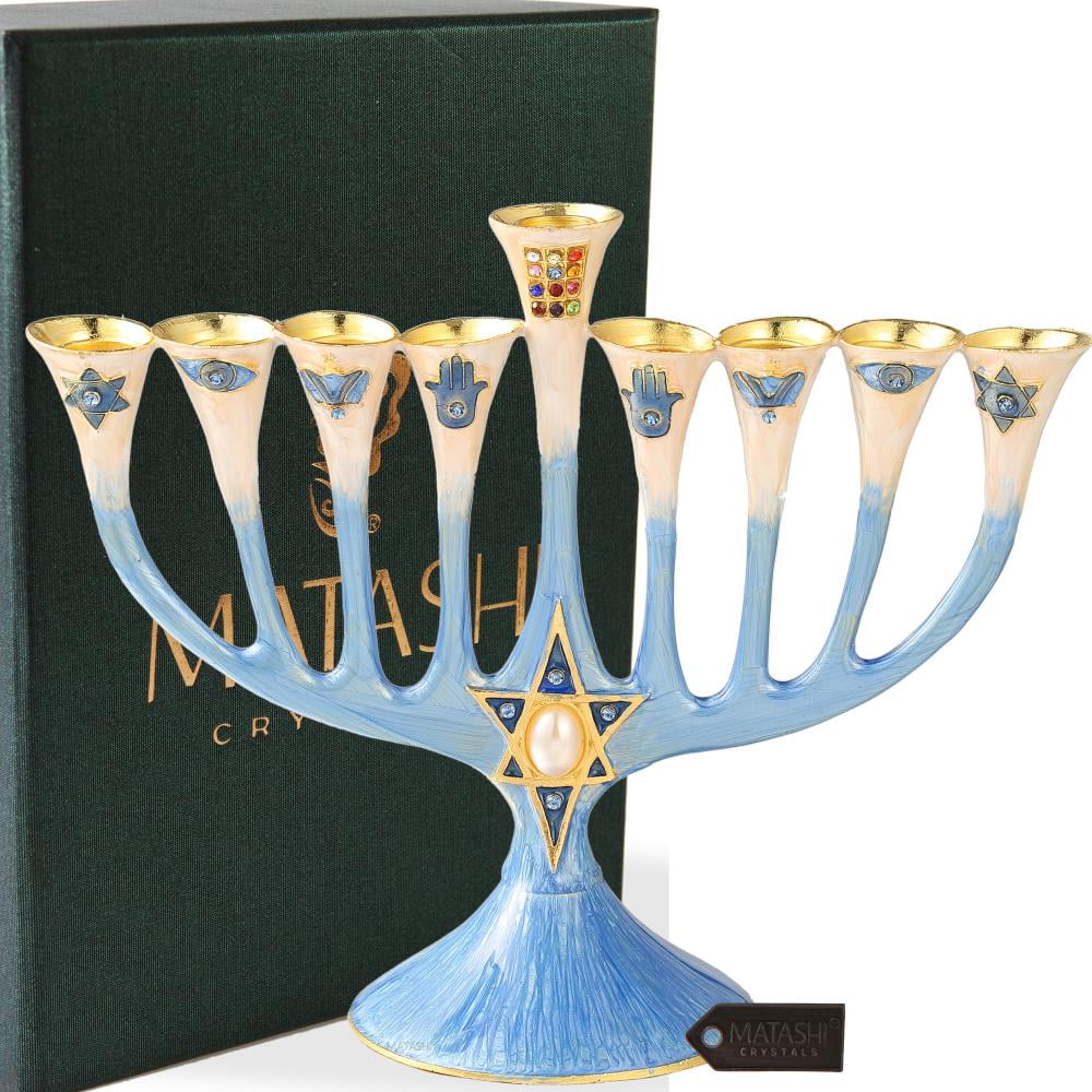 Hand Painted Enamel Menorah Candelabra with a Star of David Design and