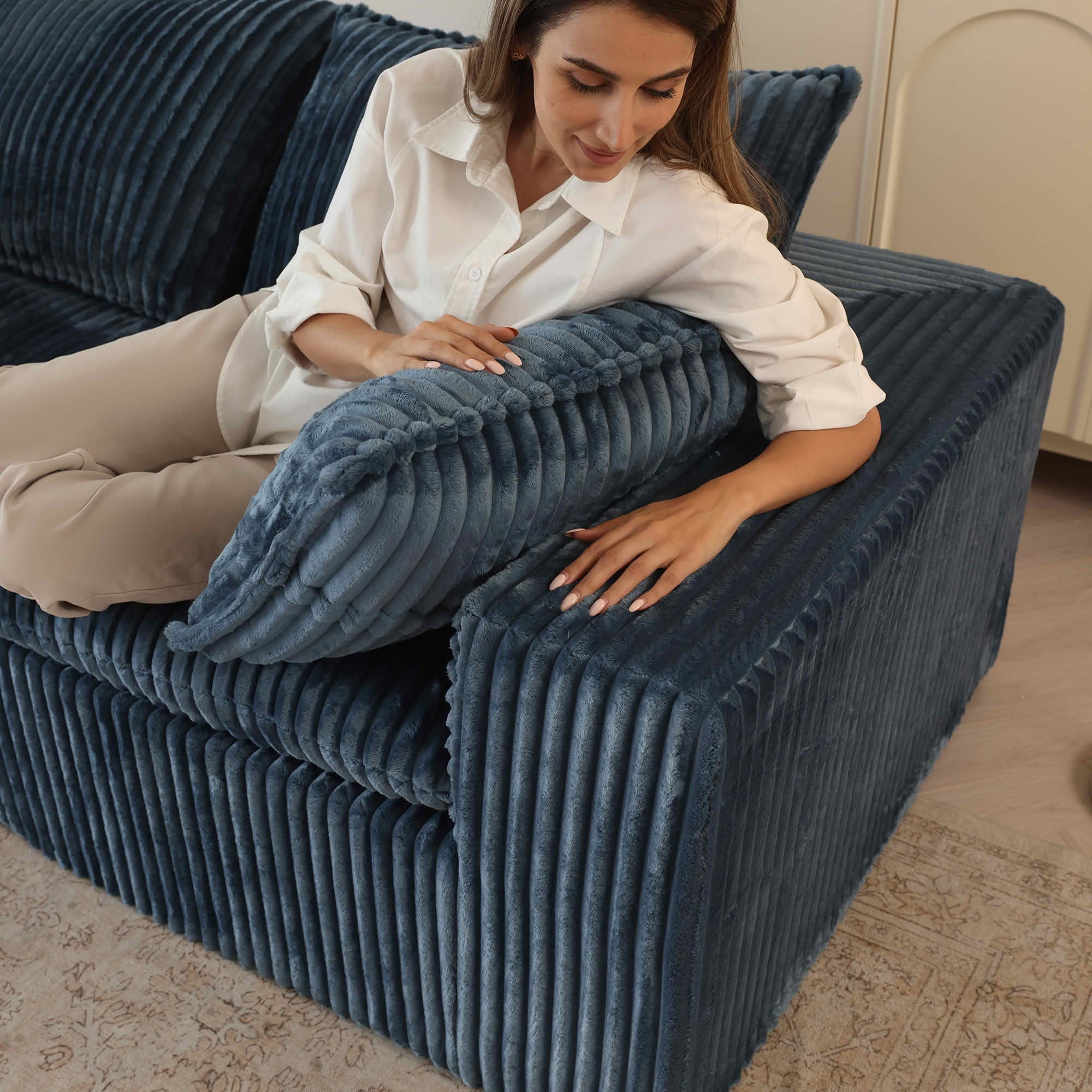 MAYEERTY 118.2" Cloud Corduroy Sofa, Deep Seat Double-Layer Design, Removable Cushion No Assembly, DIY Combination, Blue