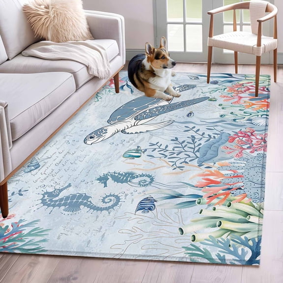 2.7'x5' Area Rugs, Blue Coastal Turtle Indoor Outdoor Area Rug for Living Room Bedroom, Beach Nautical Ocean Coral Seahorse Washable Bathroom Rugs Kitchen Floor Carpet Mats Home Decor Aesthetic