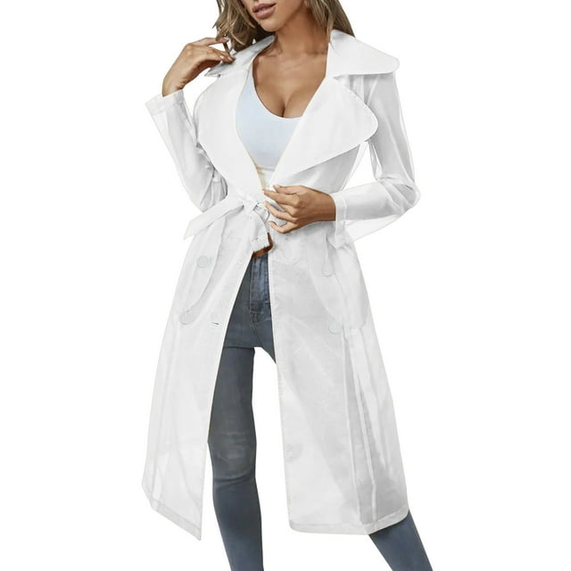 Plus Size Women Daily Wear Sheer Mesh Long Sleeve Button Down Belted Trench Coat