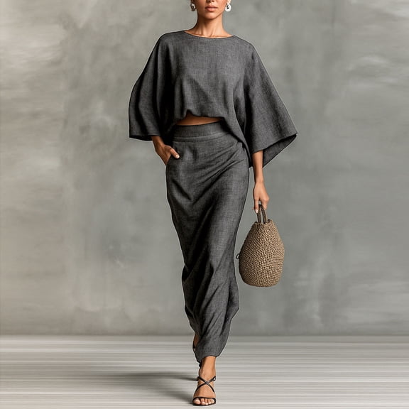 AUNVITO Women's Bat-Shaped Sleeve Round Neck Top and High Waist Midi Skirt Set Loose Fit Casual and Trendy