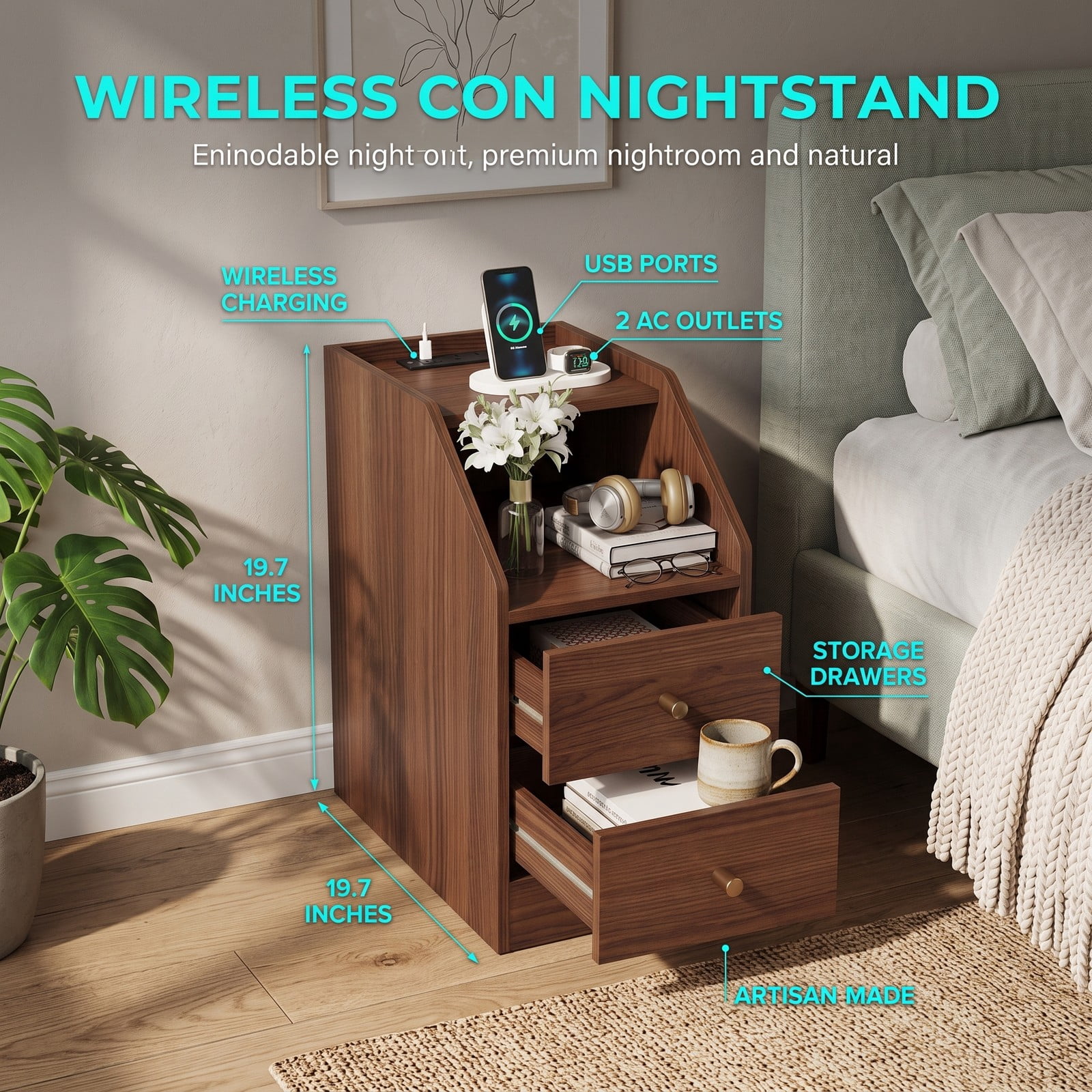 Furnibear Side End Table with Charging Station, Nightstand Sofa Couch Side Table with 2 Drawers, Open Shelf and Cable Hole for Living Room Bedroom, Walnut