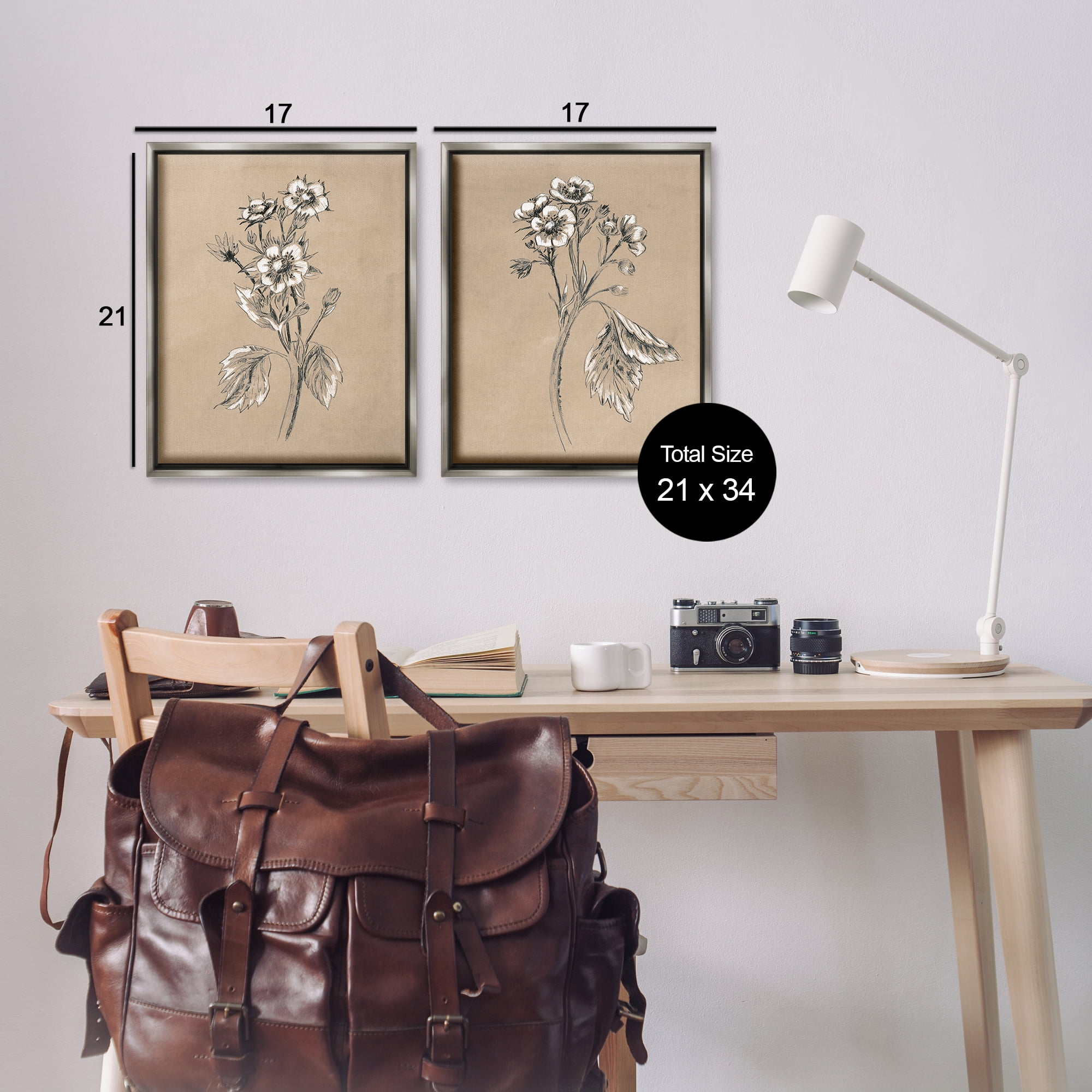 Stupell Industries Vintage Sketch Botanical Plants & Flowers Drawing Gray Floater Framed Canvas Art Print Wall Art, 17 x 21, Set of 2