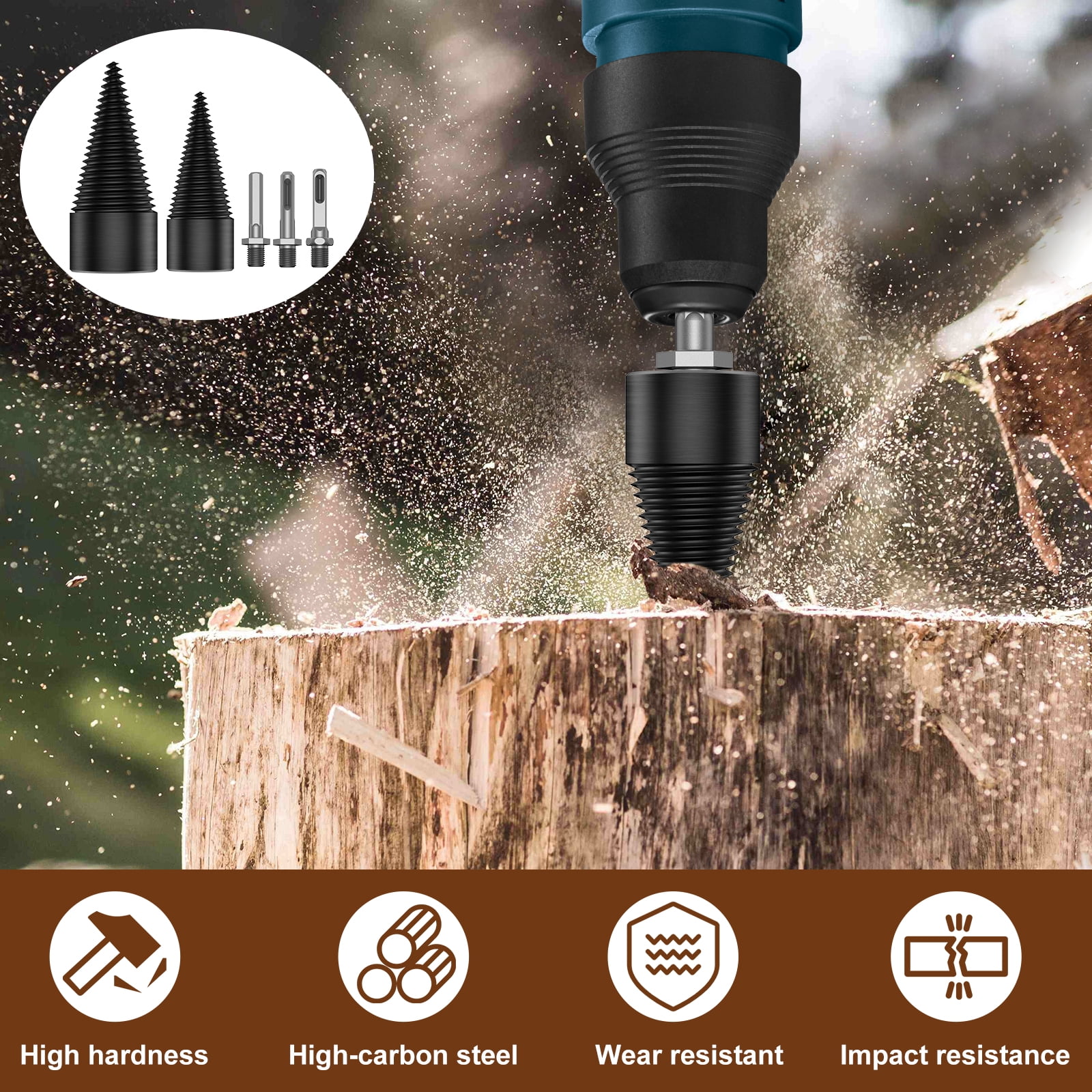 Lzvxtym 2Pcs Firewood Log Splitter 32mm 42mm High-Carbon Steel Wood Log Drill Bit with Hex/Round/Square Shank Titanium Coated Sturdy Wood Splitting Screw Cone for Electric Drill Camping