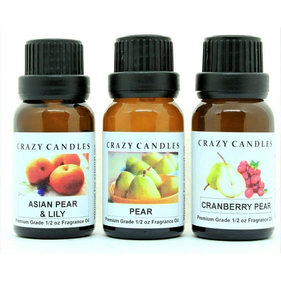 Crazy Candles 3 Bottles Set, 1 Asian Pear & Lily, 1 Pear, 1 Cranberry Pear 1/2 Fl Oz Each (15ml) Premium Grade Scented Fragrance Oils