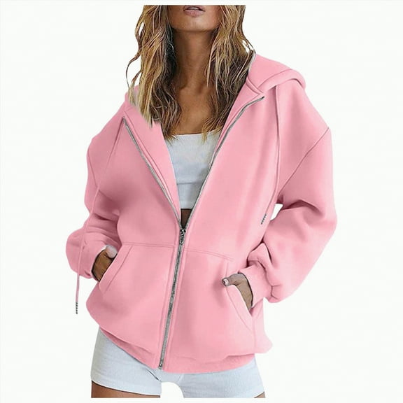 enyan Zip Up Sweatshirt Women Drawstring Zip Up Cute Hoodies Fall Jacket Oversized Casual Sweatshirts With Pocket Pink,L
