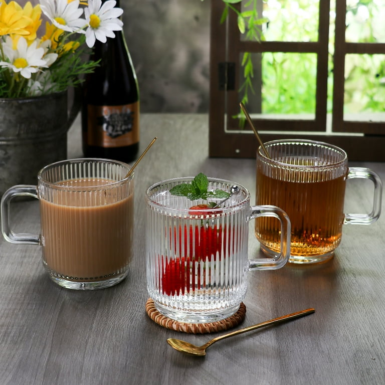 Ribbed Short Clear Glass Ripple Vintage Glassware Coffee Mug Set with  Handle, Four Spoon, 12 oz, 4 Piece Set for Latte Milk Coffee Tea Juice  Drinks ...