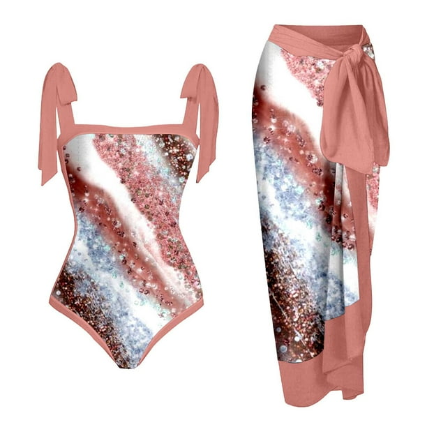 MKLEKYY Trajes De Baño Mujer Control Abdomen Women Vintage Abstract Floral Print 1 Piece Swimwear+1 Piece Cover Up Two Piece Vintage Print Swimsuit Monokini Bikini 2 Piece Swimsuits Two Piece 1562