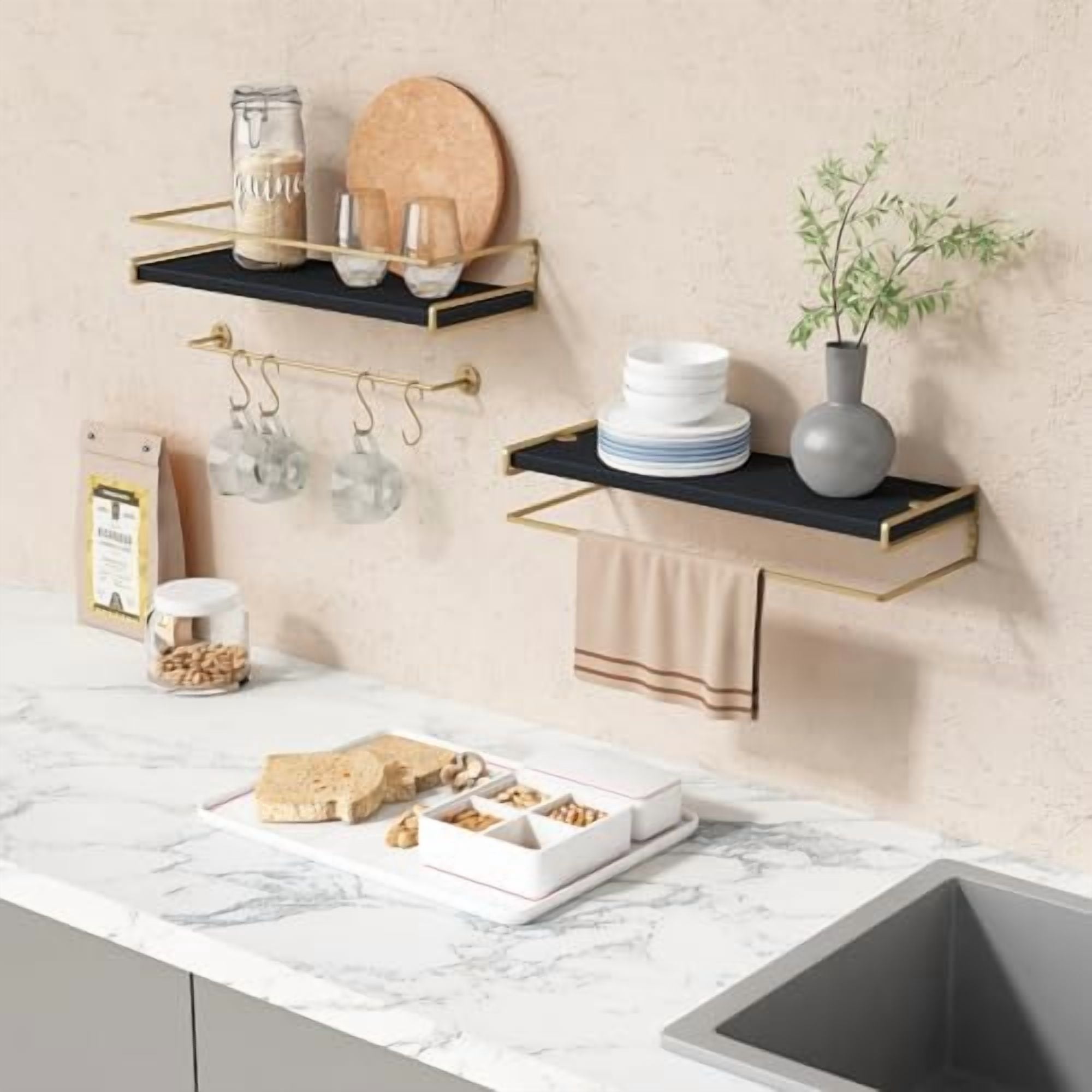 Black and Gold Bathroom Floating Shelves for Wall, Decorative Wall Mounted Shelves for Kitchen Coffee Bar Station Organizers and Storage, Hanging Shelving Unit for Bedroom Living Room (2-Pack)