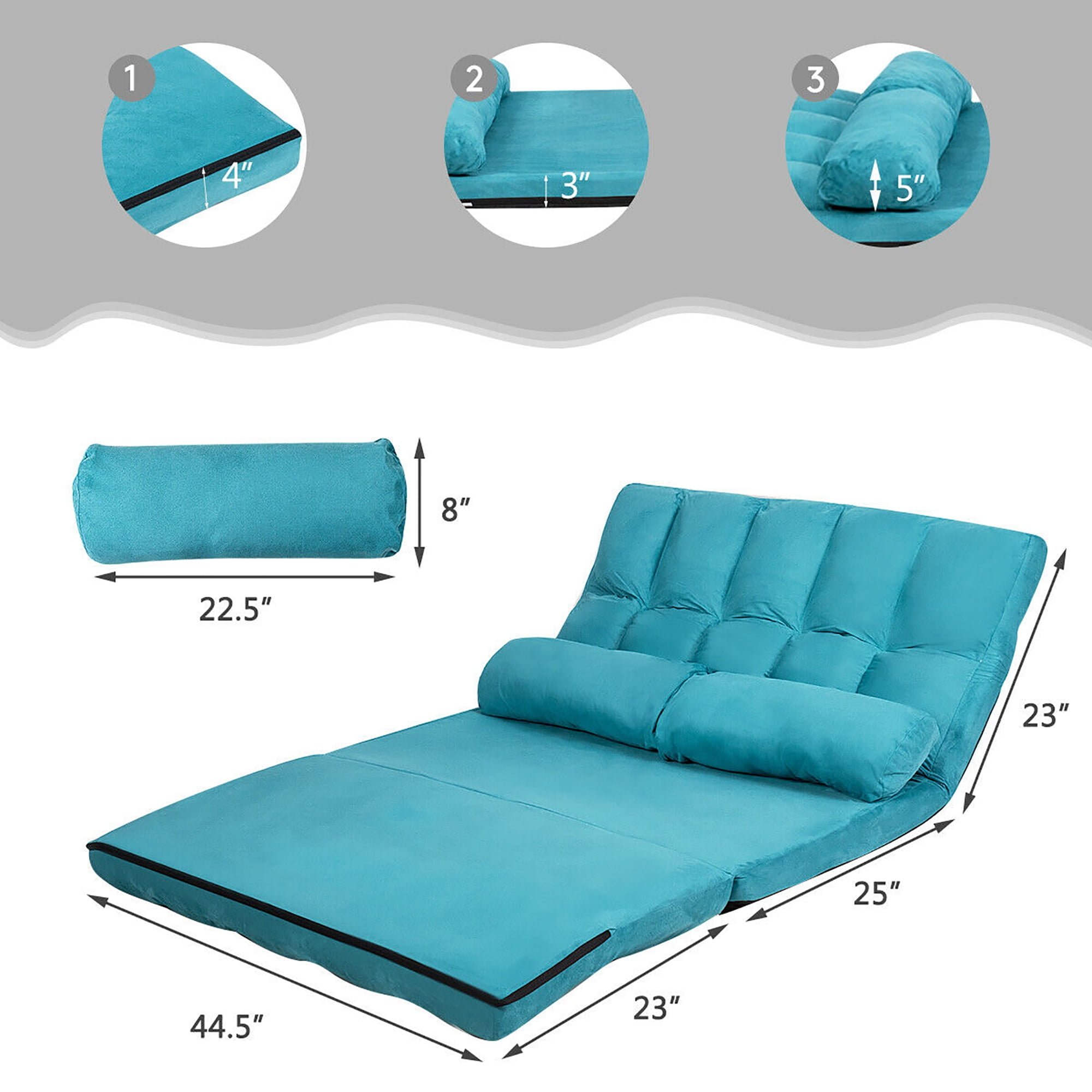 Costway Foldable Floor Sofa Bed 6-Position Adjustable Lounge Couch with 2 Pillows Blue