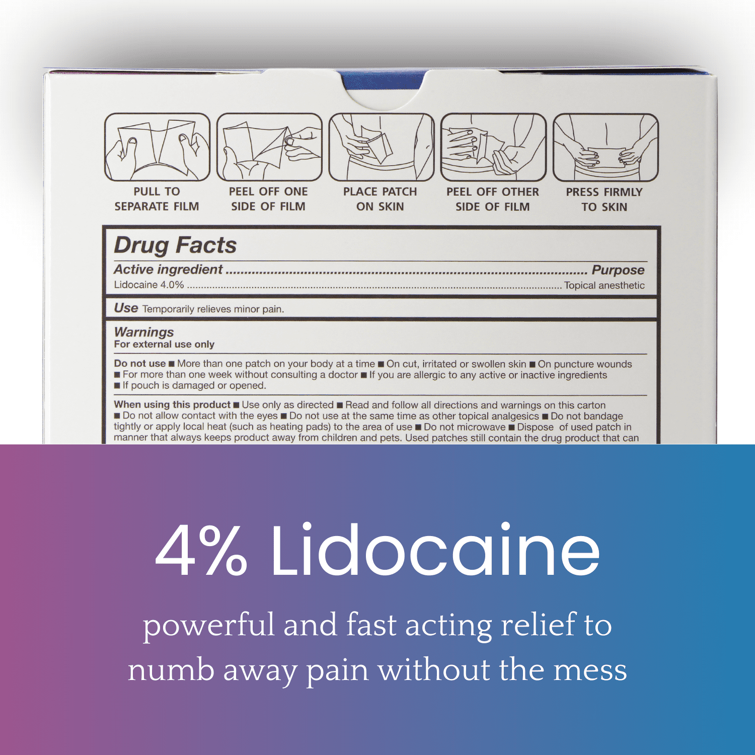 HonestMed Maximum Strength OTC Pain Relief Patch, 4% Lidocaine, Unscented, 3.9” x 5.5”, 30 Count Box