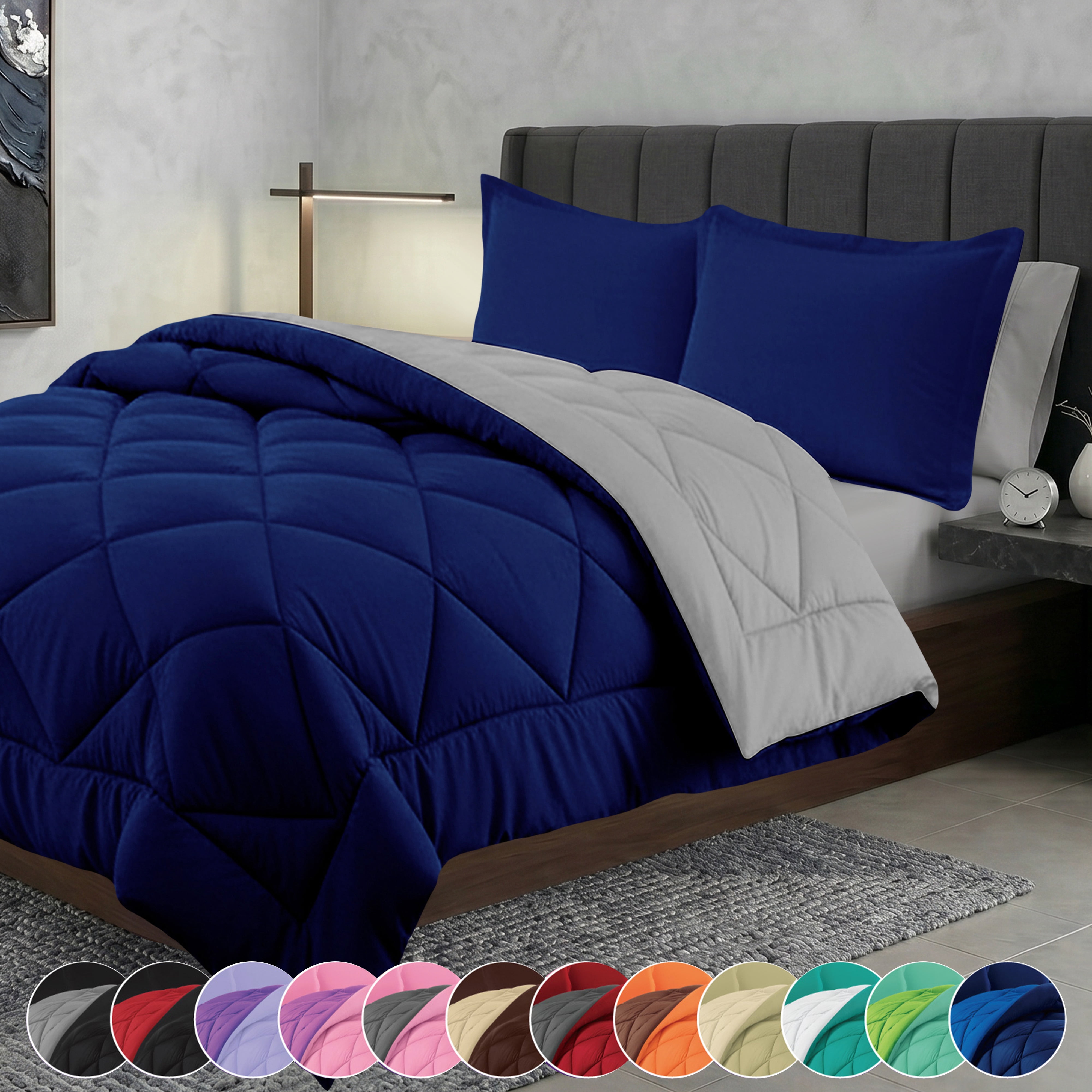 Elegant Comfort Classic Collection Luxury Power Reversible Comforter, Navy/Silver Diamond-Stitching Bedding Set, Full/Queen