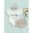 thumbnail image 2 of Liacowi 0-18M Newborn Infant Baby Girl 3Pcs Summer Clothing Set Off Shoulder Letter Bodysuit Top Leopard Shorts, 2 of 8