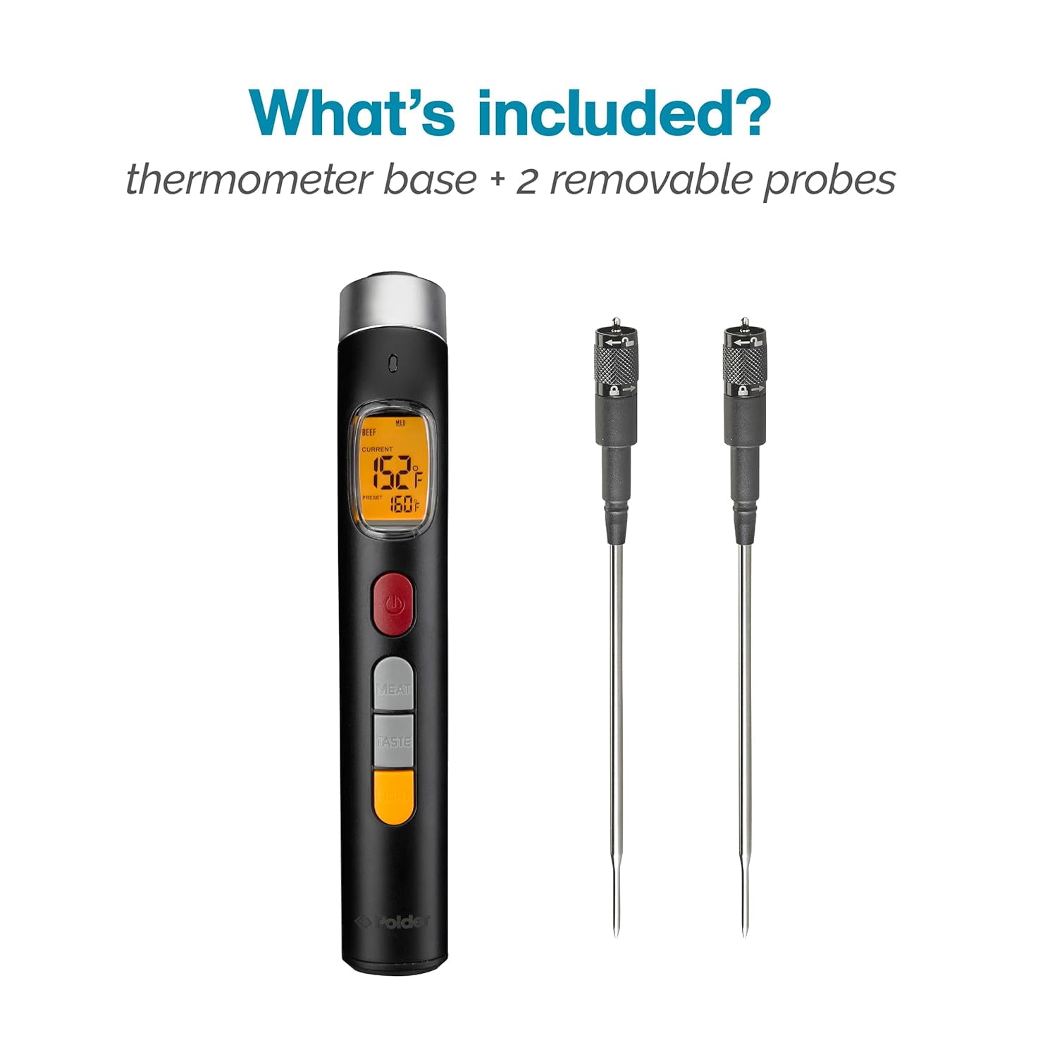 Polder Smart Probe Instant Read Thermometer, Meat Thermometer for Grilling and Cooking, Comes with 2 Removable Probes and 10 Preset Temperatures, Built-in Torch Light, Backlit Screen Digital Display
