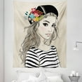 thumbnail image 1 of Women Tapestry, Sketch Illustration of Young Lady Wears Hat and Colorful Flowers Long Lashes, Fabric Wall Hanging Decor for Bedroom Living Room Dorm, 5 Sizes, Beige Multicolor, by Ambesonne, 1 of 1
