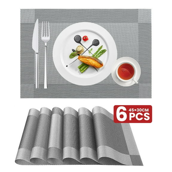 PVC Placemats, 6PCS Non-Slip Washable Place Mats, Vinyl Place Mats for Dining Table, Durable Weave Table Mats - 11.8 x 17.7 inches (Gray)
