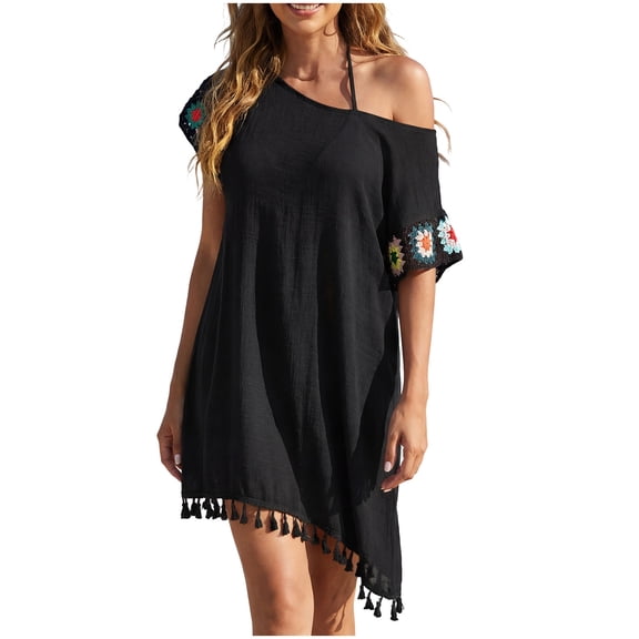 PBFRDSJ Womens Swimsuit Cover Up Boho Tassel Hem Sheer Mesh Beach Sundress Loose Fit Summer Tunic for Vacation