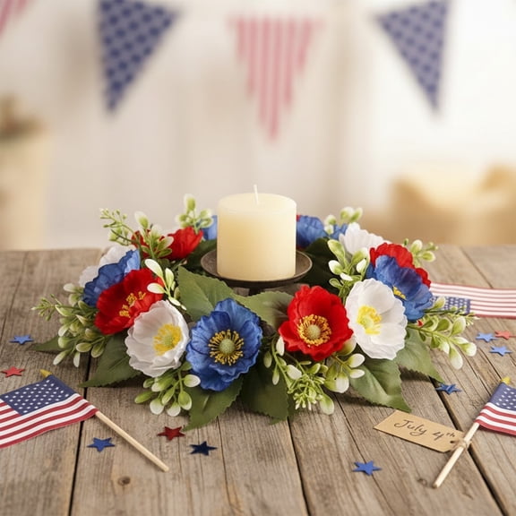 Qiopertar Independence Day Candle Ring, Patriotic Candle Wreath Holder with Artificial Daisies, Holiday Table Centerpiece Decor for Christmas Party Window Sill