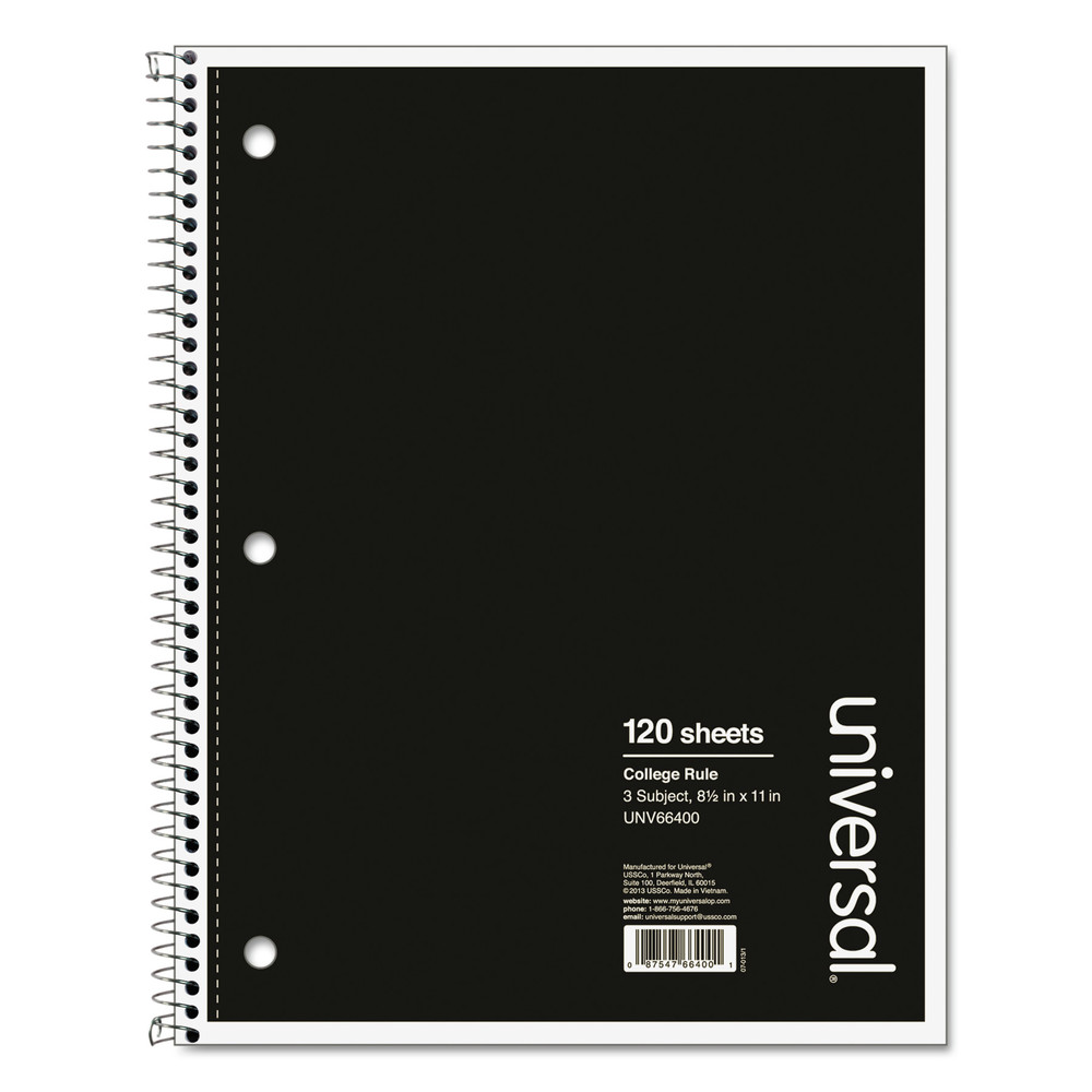 Universal 3 Sub. Wirebound Notebook, 11 x 8 1/2, College Rule, 120 Sheets, Black Cover -UNV66400