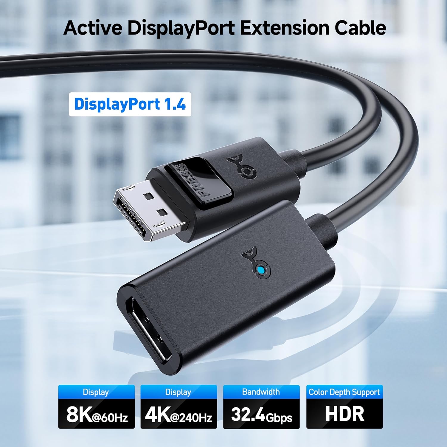 JJEAN-Active DisplayPort to DisplayPort Extension Cable - 10ft, Supports 8K 60Hz, 4K 240Hz DP Extension Cable 1.4, DP Male to Female