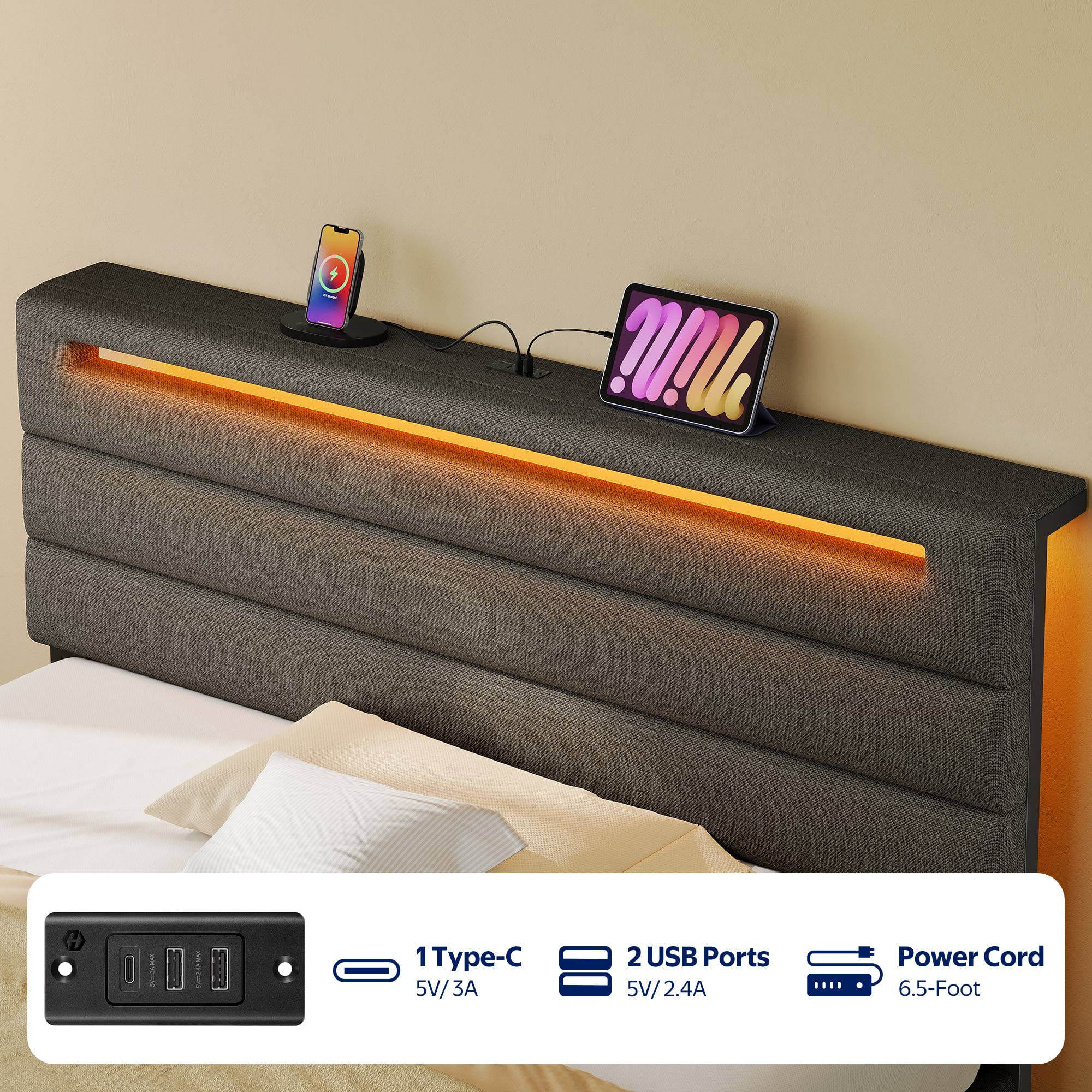 Greenstell Twin Size Bed Frame with Upholstered Storage Headboard and LED Light, Bed Platform with Charging Station, USB Ports, Under-bed Storage, Dark Gray